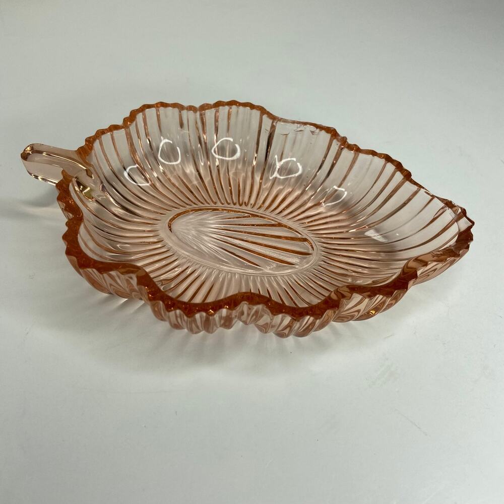 Vintage Leaf Shaped Pink Depression Era Glass Dish